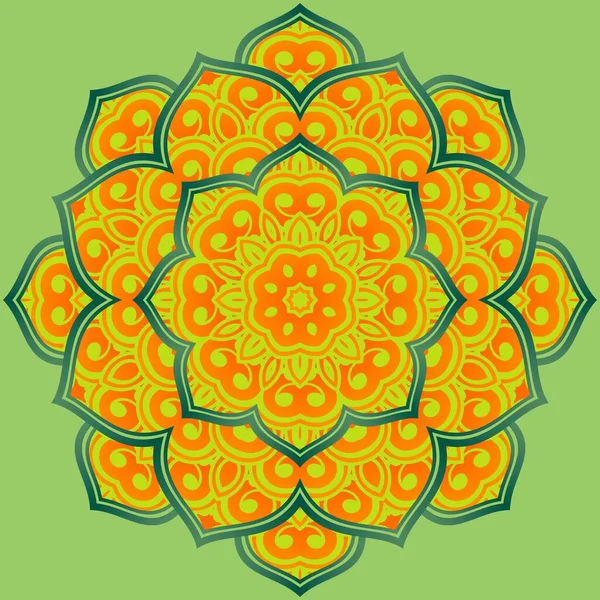 Abstraktes Mandala Strukturierte Orange Farbe Gelb Kombination Mit Grünen Linien — Stockvektor