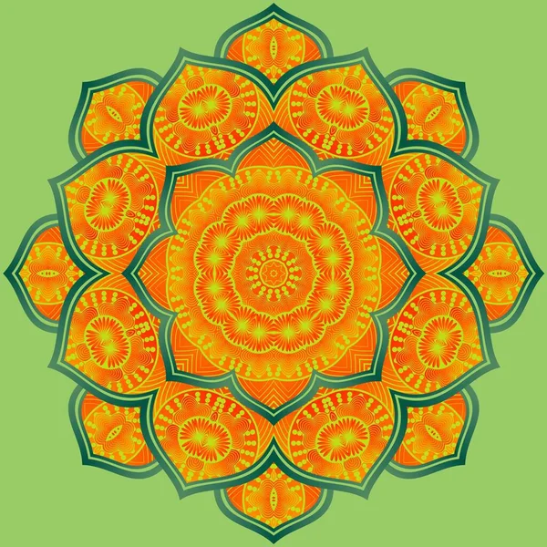 Mandala Abstracto Texturizado Color Naranja Combinación Amarilla Con Líneas Verdes — Vector de stock