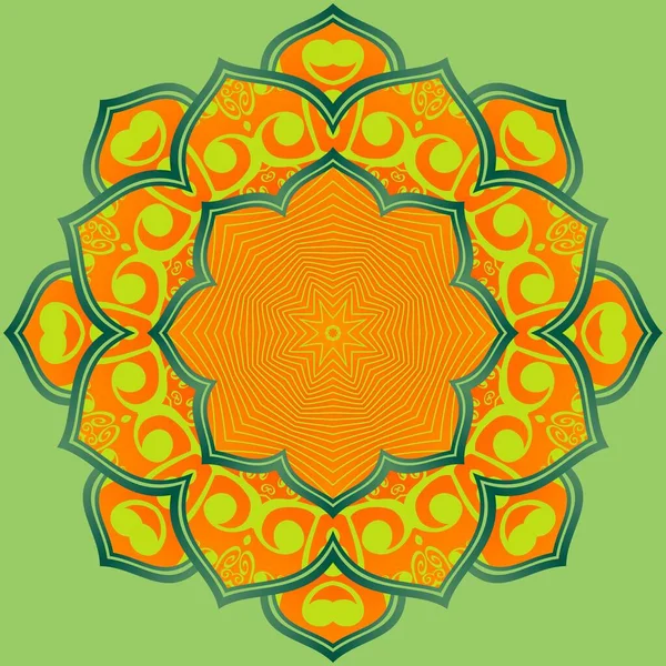 Αφηρημένη Mandala Υφή Πορτοκαλί Χρώμα Κίτρινο Συνδυασμό Πράσινες Γραμμές Και — Διανυσματικό Αρχείο
