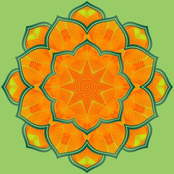 Mandala Abstracto Texturizado Color Naranja Combinación Amarilla Con Líneas Verdes — Vector de stock