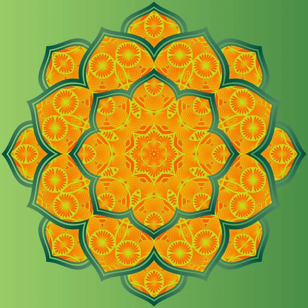 Abstract Mandala Textured Orange Color Yellow Combination Green Lines Background — Stock Vector
