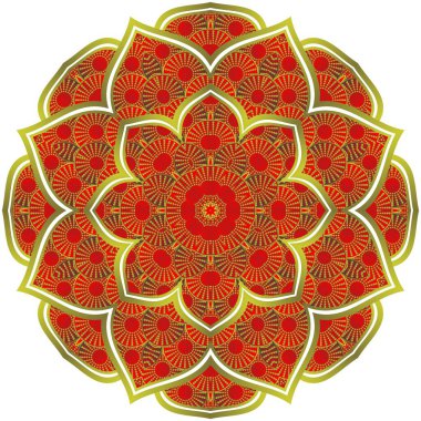 Soyut mandala desenli kırmızı renkli ve altın çizgili
