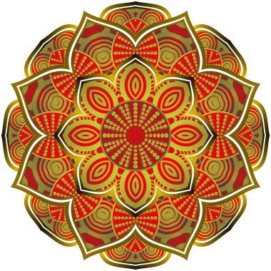 Soyut mandala desenli kırmızı renkli ve altın çizgili