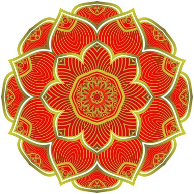 Soyut mandala desenli kırmızı renkli ve altın çizgili
