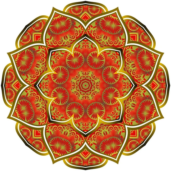 Abstraktní Mandala Texturovanou Červenou Barvou Zlatými Liniemi — Stockový vektor