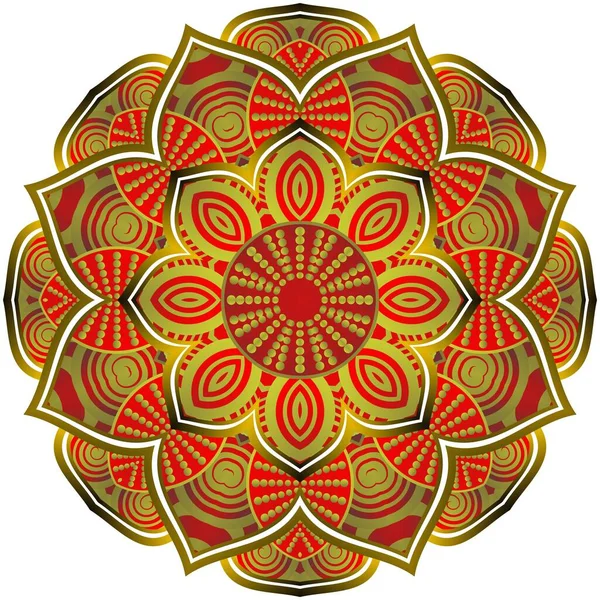 Abstraktní Mandala Texturovanou Červenou Barvou Zlatými Liniemi — Stockový vektor