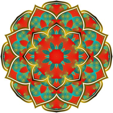 Güzel yeşil ve kırmızı desenli altın çizgileri olan soyut mandala