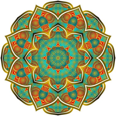 Güzel yeşil ve kırmızı desenli altın çizgileri olan soyut mandala