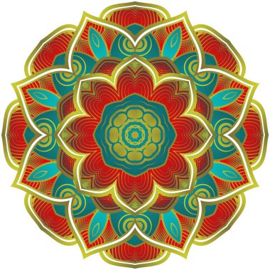 Güzel yeşil ve kırmızı desenli altın çizgileri olan soyut mandala