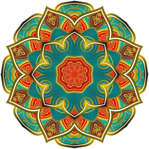 Mandala Abstrato Com Belas Listras Ouro Verde Vermelho Texturizado — Vetor de Stock