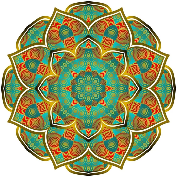 Mandala Abstrato Com Belas Listras Ouro Verde Vermelho Texturizado — Vetor de Stock