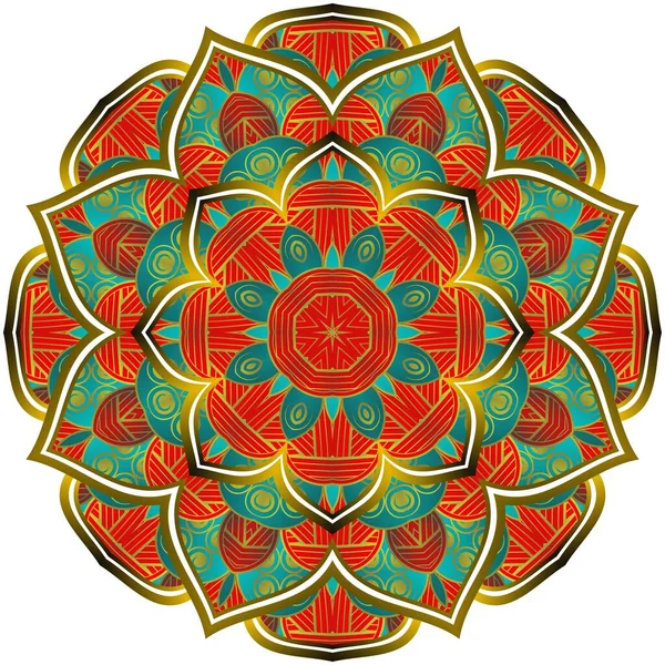 Mandala Abstracto Con Hermosas Rayas Oro Texturizadas Verdes Rojas — Archivo Imágenes Vectoriales