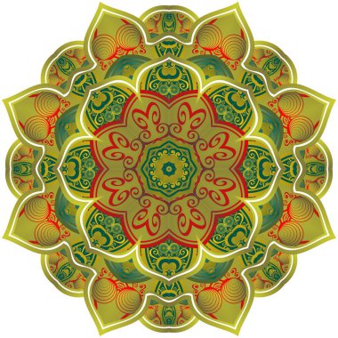 Güzel yeşil ve kırmızı desenli altın çizgileri olan soyut mandala