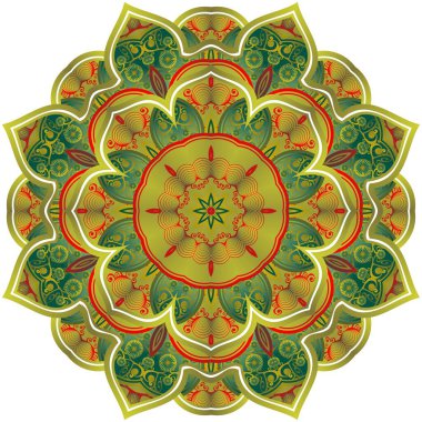 Güzel yeşil ve kırmızı desenli altın çizgileri olan soyut mandala