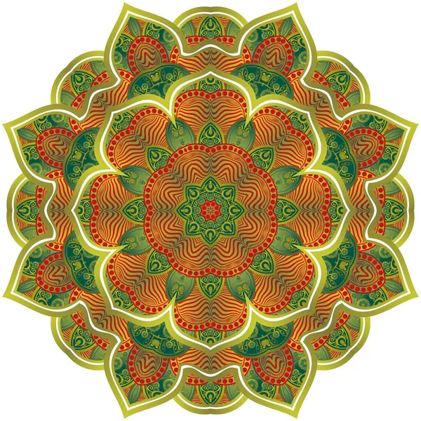 Abstract Mandala Met Prachtige Groene Rode Textuur Goudstrepen — Stockvector