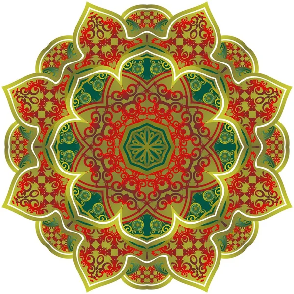 Abstrakt Mandala Med Vackra Gröna Och Röda Strukturerade Guldränder — Stock vektor