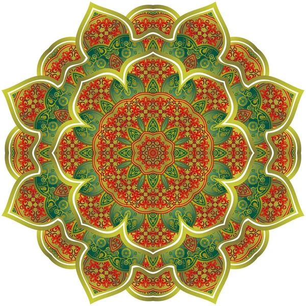Kivonat Mandala Gyönyörű Zöld Piros Texturált Arany Csíkok — Stock Vector
