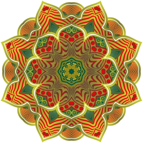 Abstract Mandala Beautiful Green Red Textured Gold Stripes — Stock Vector