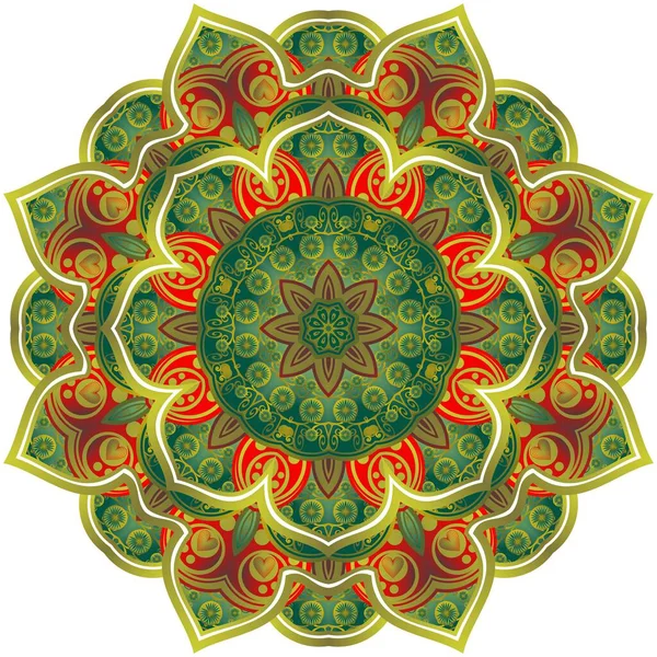 Abstrakt Mandala Med Vackra Gröna Och Röda Strukturerade Guldränder — Stock vektor