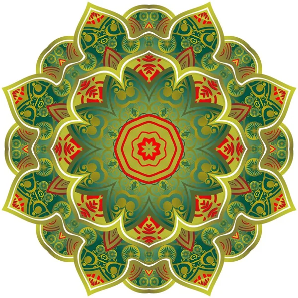 Abstraktní Mandala Krásnými Zelenými Červenými Zlatými Pruhy — Stockový vektor