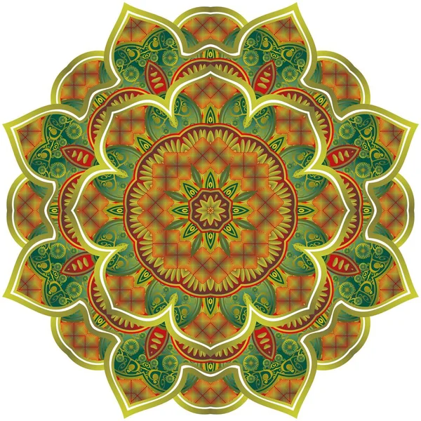 Mandala Abstracto Con Hermosas Rayas Oro Texturizadas Verdes Rojas — Vector de stock