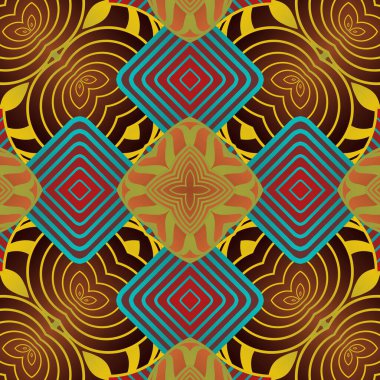 Kırmızı, mavi ve sarı soyut elementlerden oluşan kusursuz resimli desen