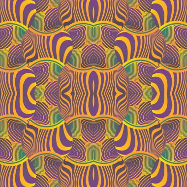 Yeşil mor ve altın sarısı çizgilerle kusursuz desensiz soyut bir arkaplan.