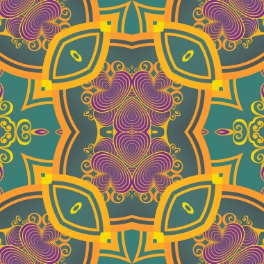 Yeşil mor ve altın sarısı çizgilerle kusursuz desensiz soyut bir arkaplan.