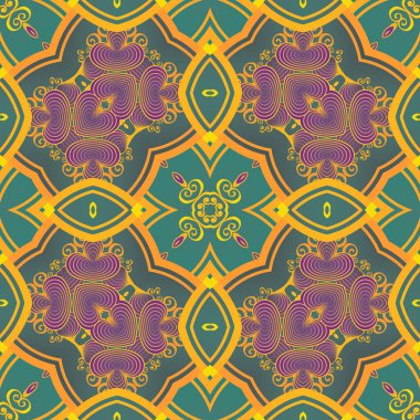 Yeşil mor ve altın sarısı çizgilerle kusursuz desensiz soyut bir arkaplan.