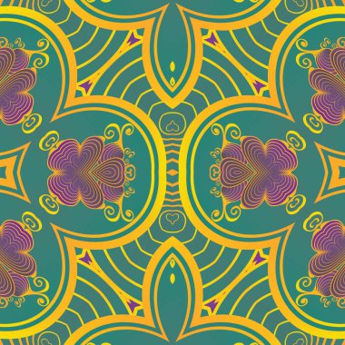 Yeşil mor ve altın sarısı çizgilerle kusursuz desensiz soyut bir arkaplan.