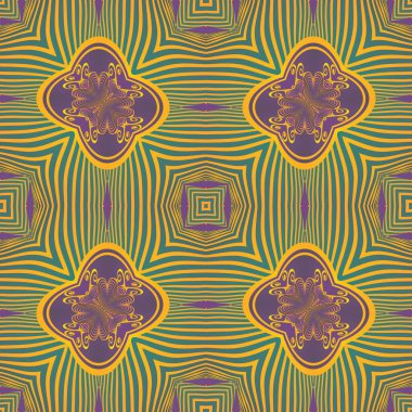 Yeşil mor ve altın sarısı çizgilerle kusursuz desensiz soyut bir arkaplan.