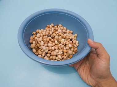 Mavi bir kabın içindeki deriden soyulmuş fıstıklar.