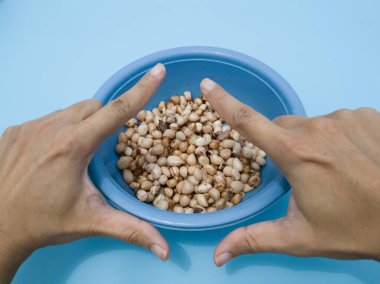 Mavi bir kabın içindeki deriden soyulmuş fıstıklar.