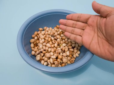 Mavi bir kabın içindeki deriden soyulmuş fıstıklar.