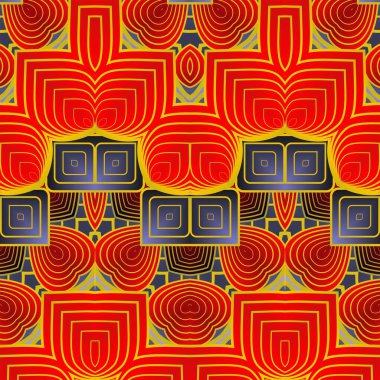 Bej, mavi ve kırmızı renklerde soyut elementlerden yapılmış kusursuz resimli desen