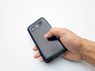 Beyaz arka planda izole edilmiş, akıllı telefona dokunmak. Yakın çekim..