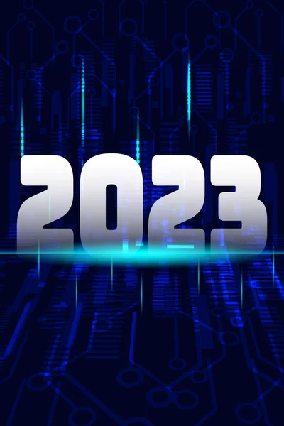 ใหม โลหะของ 2023 บนแผงวงจรและพ นหล งเทคโนโลย าเง นเข ตอล — ภาพเวกเตอร์สต็อก