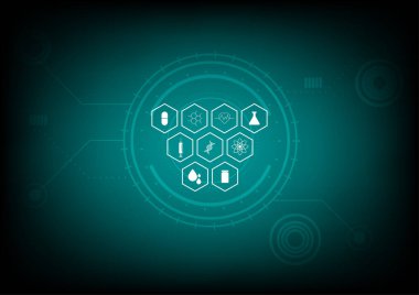 Telemediciene concept. Hexagonal shape with the icons of medical such as a syringe, drug, DNA, capsule, heart rate, and stethoscope on technology background. E-healthy and innovative medical diagnosis. 