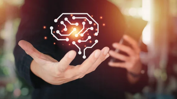 Inteligência Artificial Conceito Tecnologia Homem Negócios Segurando Holograma Circuito Cerebral — Fotografia de Stock