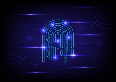 Siber güvenlik ve siber suç kavramı. Fütürist teknolojinin soyut arka planında elektronik parmak izi. Dijital koruma. Verileri korumak için taranıyor. Hacker koruması.