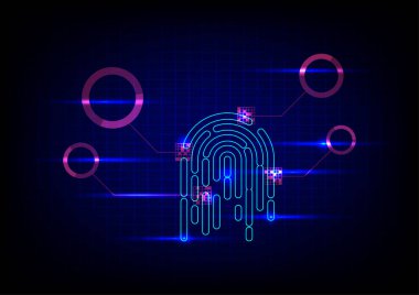 Siber güvenlik ve siber suç kavramı. Fütürist teknolojinin soyut arka planında elektronik parmak izi. Dijital koruma. Verileri korumak için taranıyor. Hacker koruması.