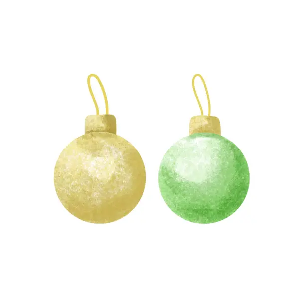 Aquarell Gelbe Und Grüne Weihnachtskugel Auf Weißem Hintergrund — Stockvektor
