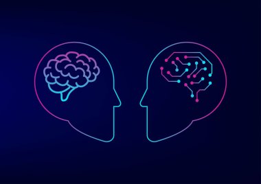 Yapay zeka konsepti. Mavi arka planda insan ve robot ya da cybog ile yüz yüze. Yenilik ve teknoloji, endüstriyel. Veri analizi, dijital beyin ve insan beyni. 