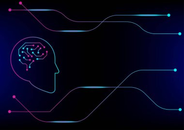 Yapay zeka konsepti. Mavi arka planda insan ve robot ya da cybog ile yüz yüze. Yenilik ve teknoloji, endüstriyel. Veri analizi, dijital beyin ve insan beyni. 