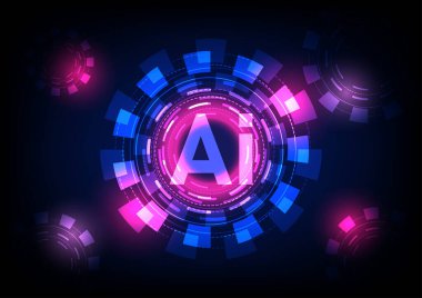 Yapay zeka konsepti. Mavi arka planda yapay zeka teknolojisi olan bir teknoloji çemberi. Yenilik ve iletişim. 