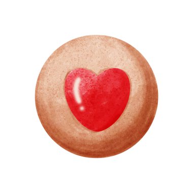 Sevgililer Günü ve fırın konsepti. Yuvarlak kurabiyelerin üzerindeki kırmızı kalp şekli. Suluboya biçimi. 