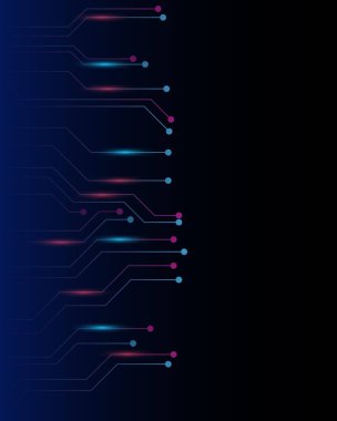 Kırmızı ve mavi devre kartı arka planı. Dijital teknoloji büyük veri bağlantı yeniliği gelecekteki ağ bağlantısı ve internet.