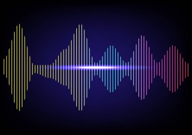 Modern ses dalgası ve ritmik eşitleyici. Soyut dijital pembe, mavi ve yeşil renkli ışık dinamik desen elementleri koyu mavi arkaplanda. Podcasting Ses. Müzik kavramları.