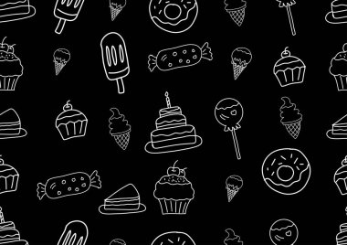 Fırın ve hamur tatlısı pürüzsüz desen. Siyah arka planda fırın karalama sanatı. Kartlar, çerçeveler, posterler, kitap kapakları, tekstil, duvar kağıdı, ambalaj ve kumaş için. 