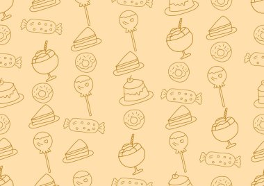 Fırın ve hamur tatlısı pürüzsüz desen. Açık sarı arka planda fırın karalama sanatı. Kartlar, çerçeveler, posterler, kitap kapakları, tekstil, duvar kağıdı, ambalaj ve kumaş için. 